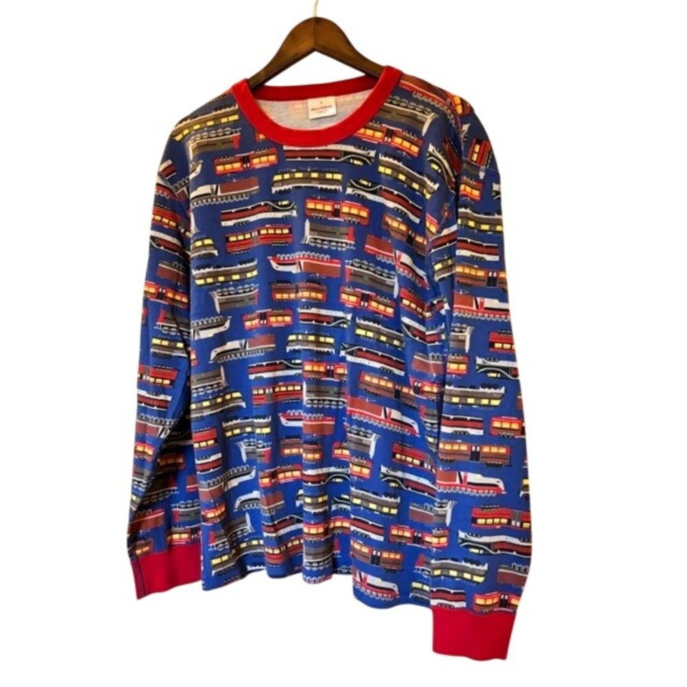 Hanna Andersson XL Blue Train Print Organic Cotton Long Sleeve Pajama Top